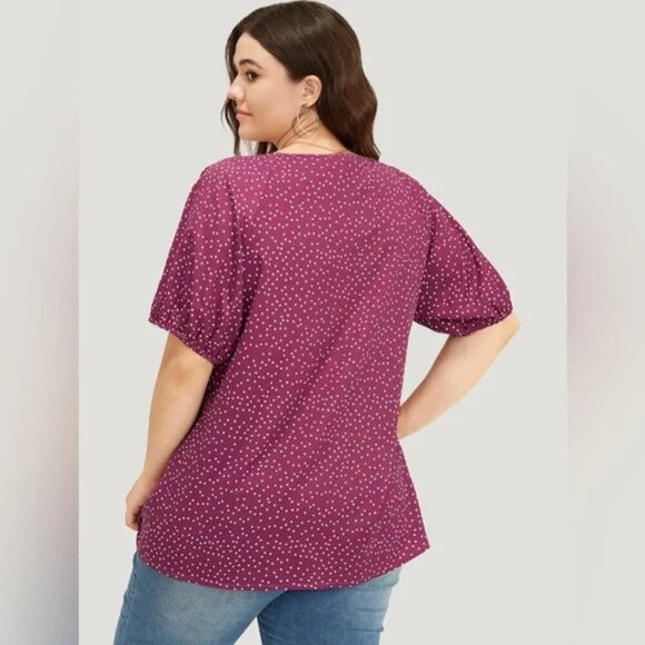 NWT BloomChic Polka Dot Pleated Round Neck Puff Sleeve Blouse Size 28/5X - Picture 3 of 3